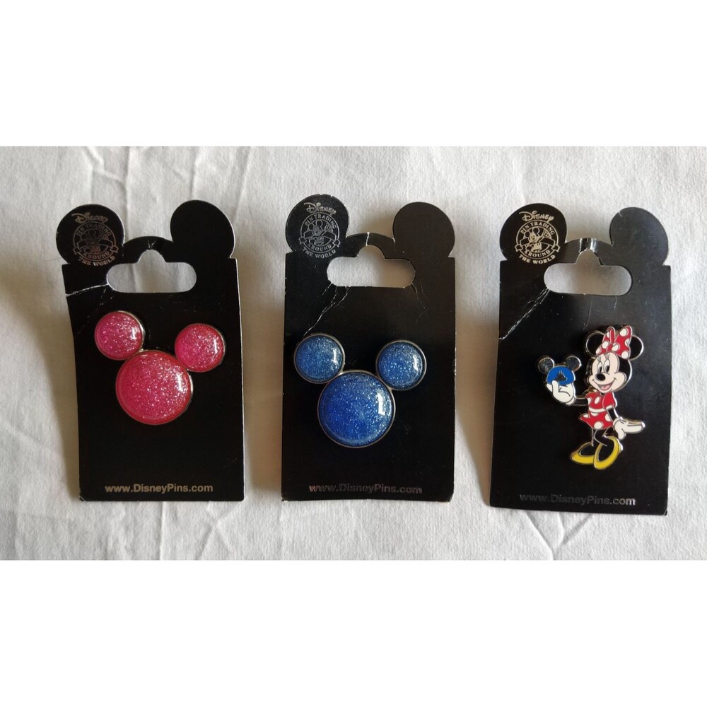 Lot 3x Minnie Mickey Mouse Pin 2010 Silhouette Disney Pink Blue Icon Glitter